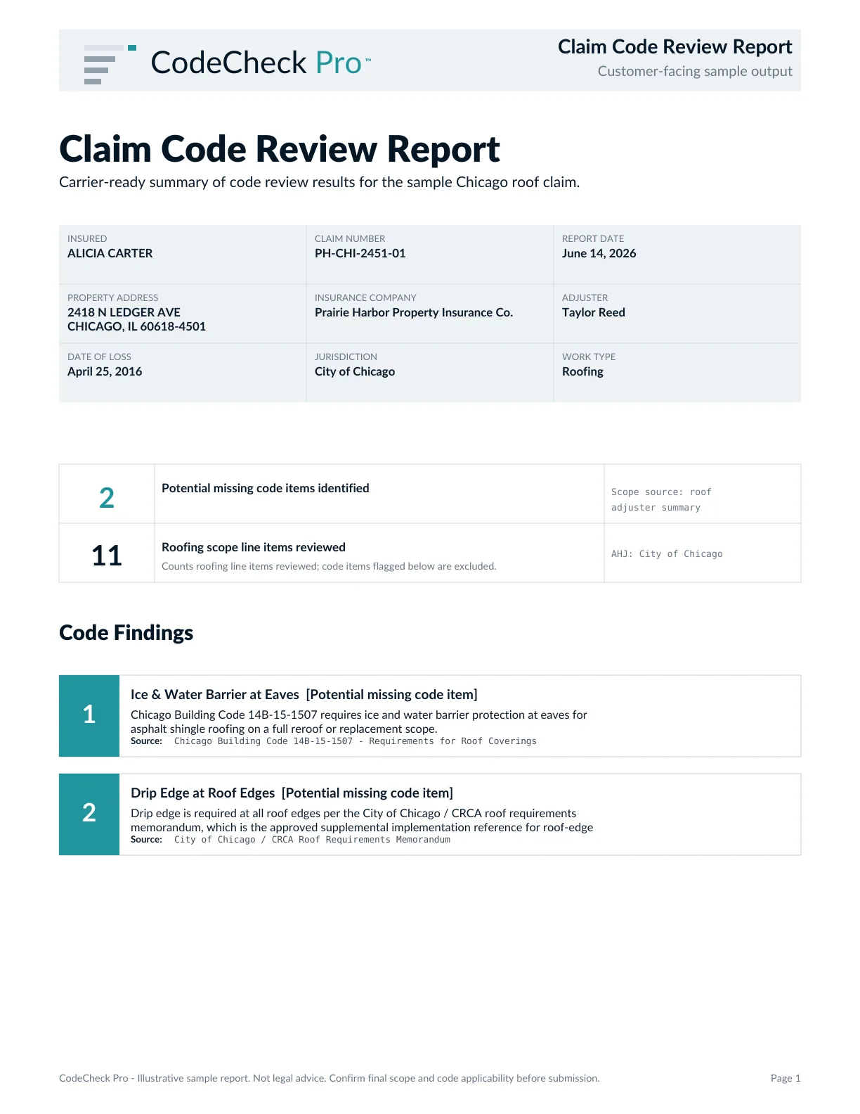 Sample report page 1 — claim details and code findings